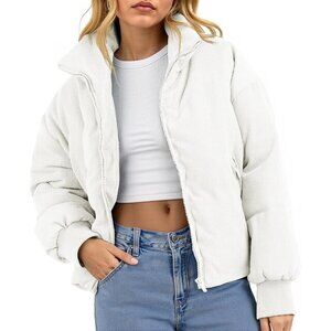 Women's Winter Fashion White Corduroy Quilted Puffer Jackets Cropped Zip Up Coat